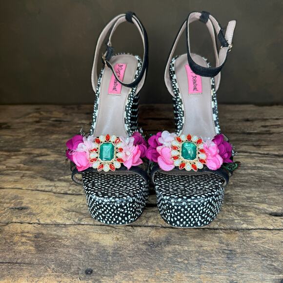 Betsey Johnson Marlo Platform Heels Women’s 7.5 Black Rhinestone Floral - Picture 3 of 14
